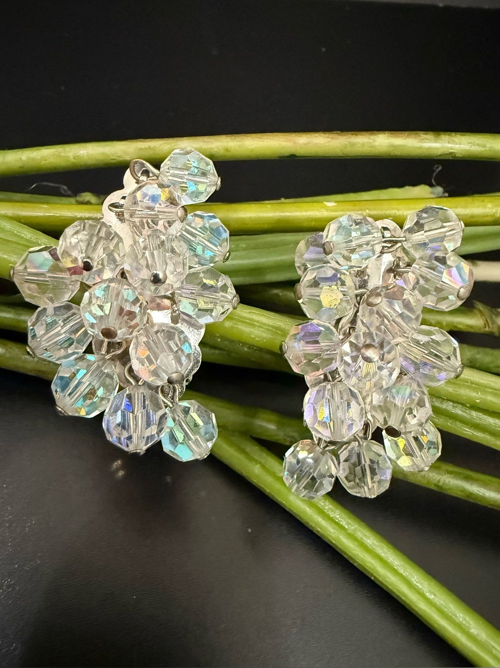 Vintage Laguna AB Crystal Aurora Borealis Cluster Beads Cha Cha Clip On Earrings